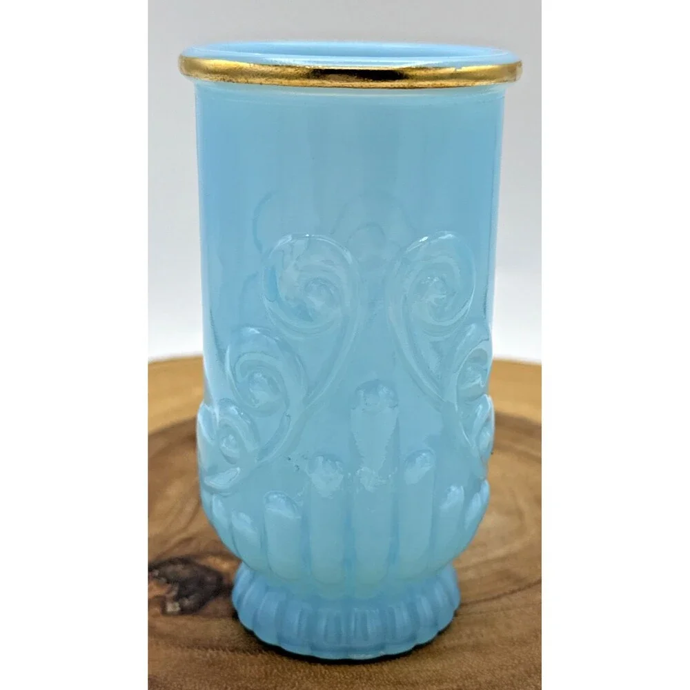 Vintage Avon Vase Bristol Blue Opalescent Glass Scroll Design Goldtrim 4.5” Tall